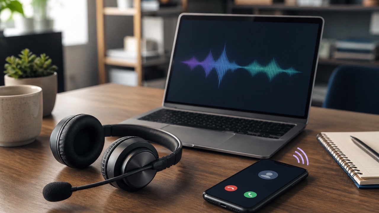 A headset and ringing phone beside an audio transcript on a laptop