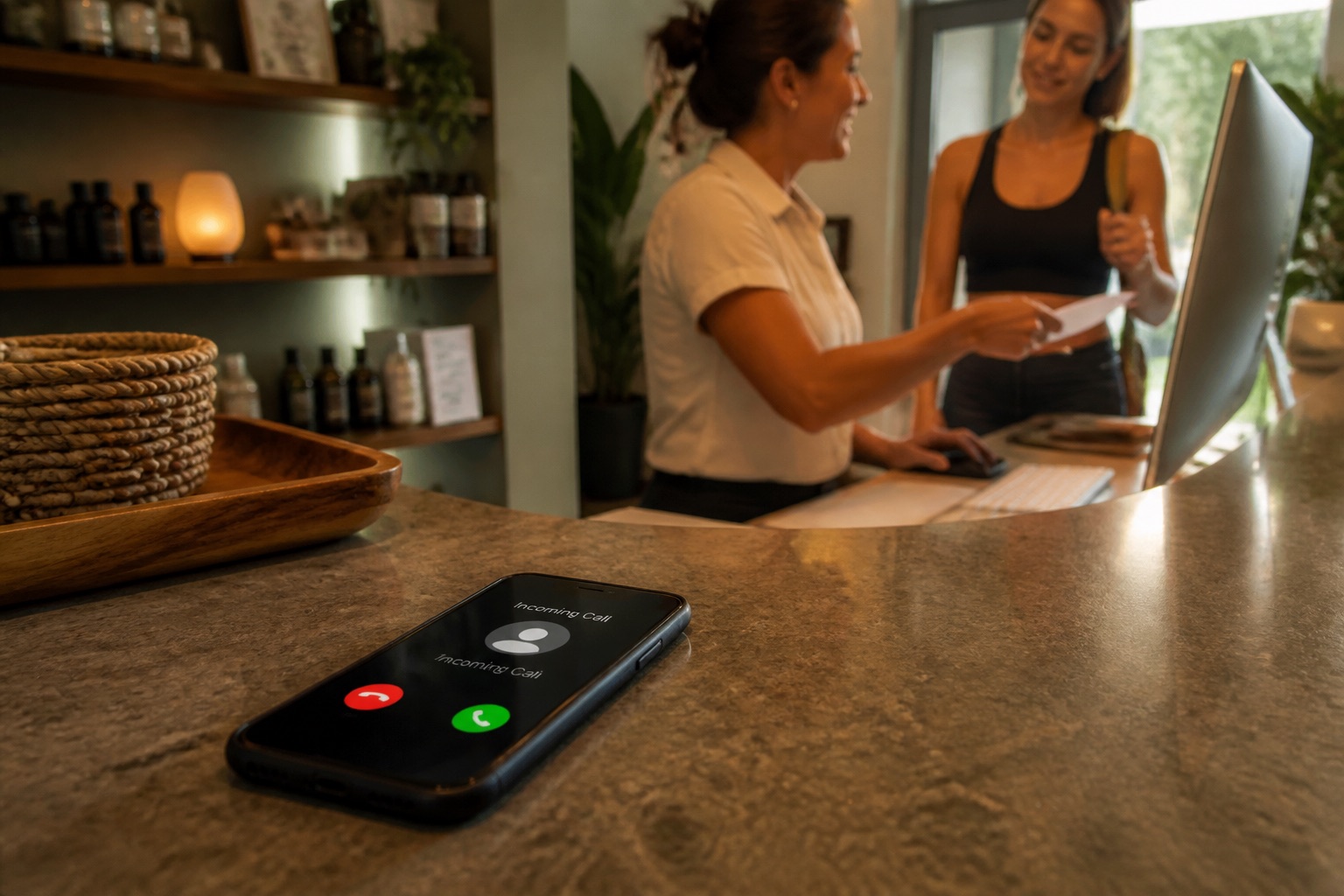 An incoming customer call at a wellness reception desk